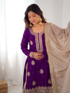 Traditional purple Chinon Silk Sharara Suit with Rich Pearl Embroidery
