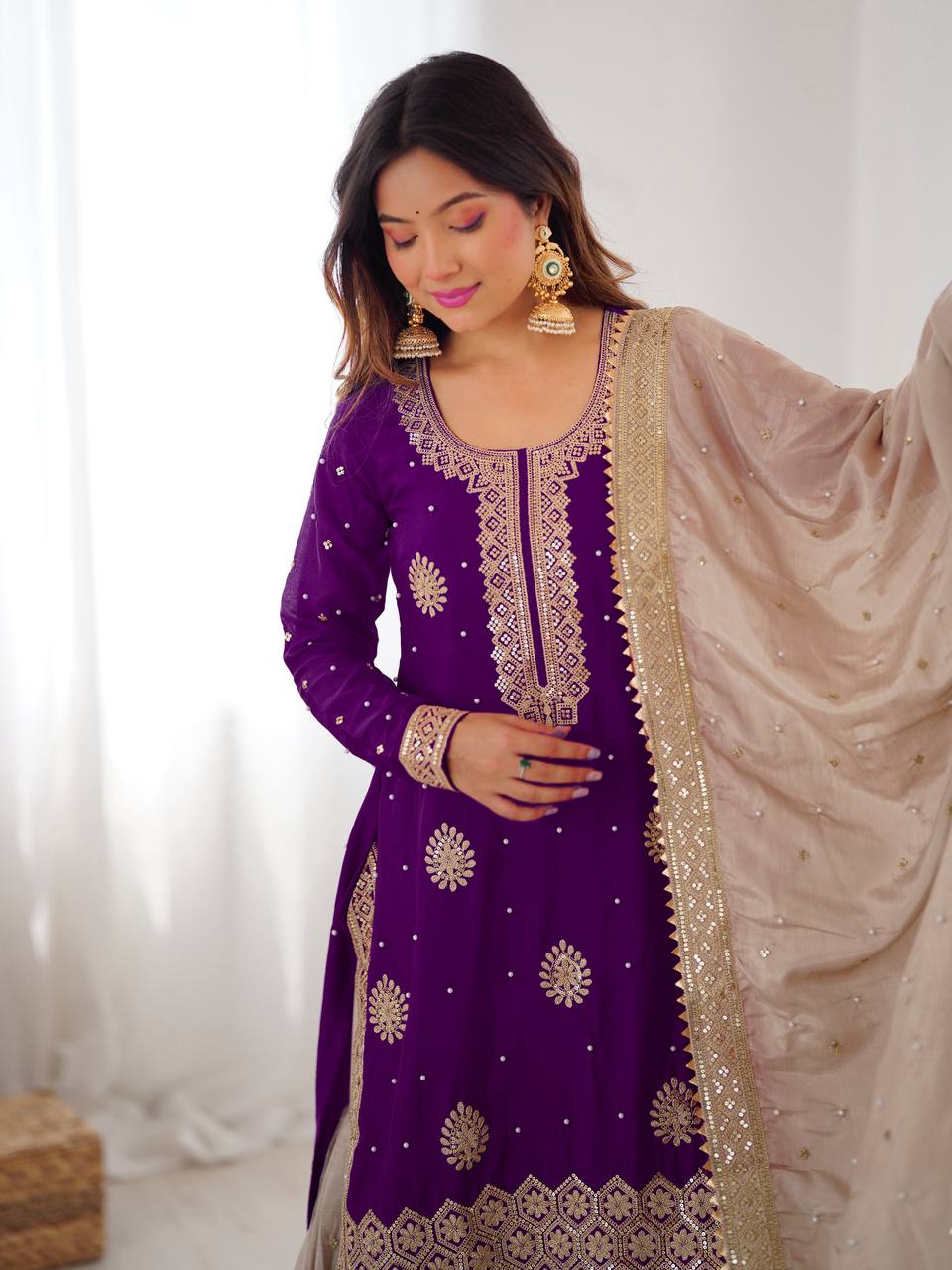 Traditional purple Chinon Silk Sharara Suit with Rich Pearl Embroidery

