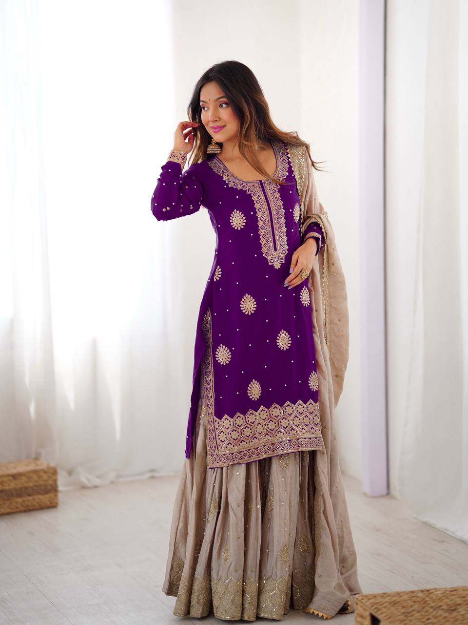 Traditional purple Chinon Silk Sharara Suit with Rich Pearl Embroidery
