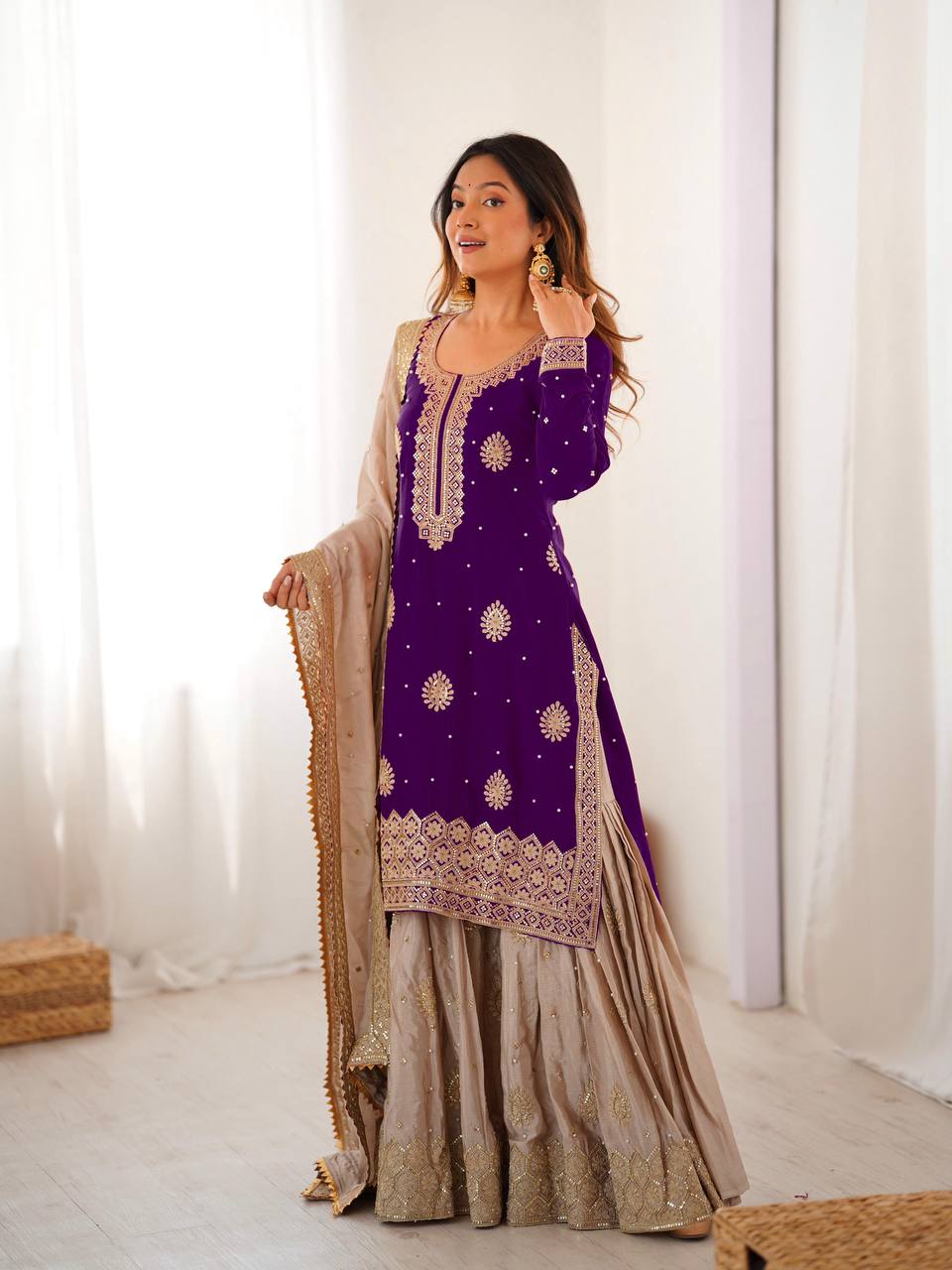 Traditional purple Chinon Silk Sharara Suit with Rich Pearl Embroidery