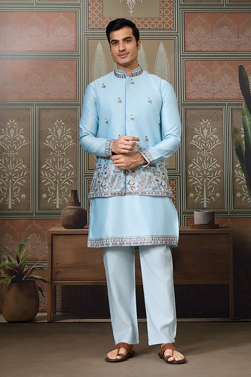 Sky Blue Embroidered Silk Koti Kurta Set for Mens