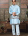 Sky Blue Embroidered Silk Koti Kurta Set for Mens