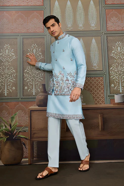 Sky Blue Embroidered Silk Koti Kurta Set for Mens