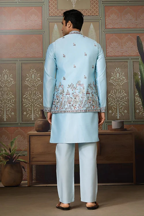 Sky Blue Embroidered Silk Koti Kurta Set for Mens