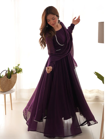 Wine Color Georgette Three Piece Anarkali Suit