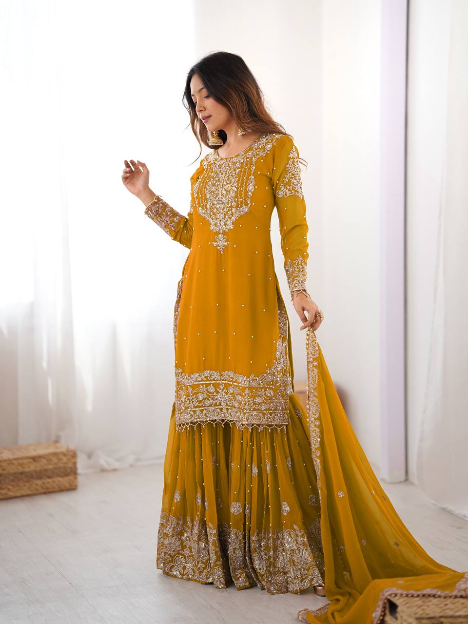 Wedding Special yellow Faux Georgette Embroidered Sharara Set for Women