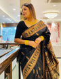 Surpassing Black Soft Banarasi Silk Saree With Twirling Blouse Piece