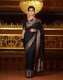 Outstanding Black Soft Banarasi Silk Saree With Angelic Blouse Piece