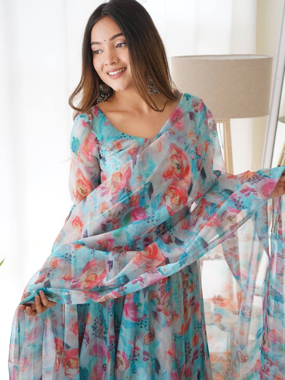 Digitally Printed Pure Soft Organza Anarkali Suit With Huge Flair Comes With Duppatta & Pant