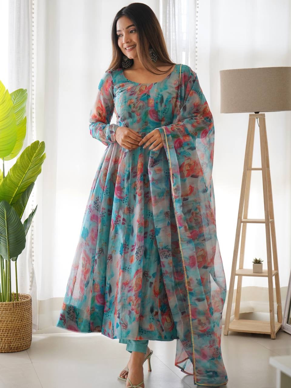 Digitally Printed Pure Soft Organza Anarkali Suit With Huge Flair Comes With Duppatta & Pant