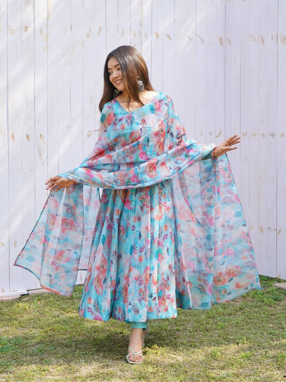 Digitally Printed Pure Soft Organza Anarkali Suit With Huge Flair Comes With Duppatta & Pant