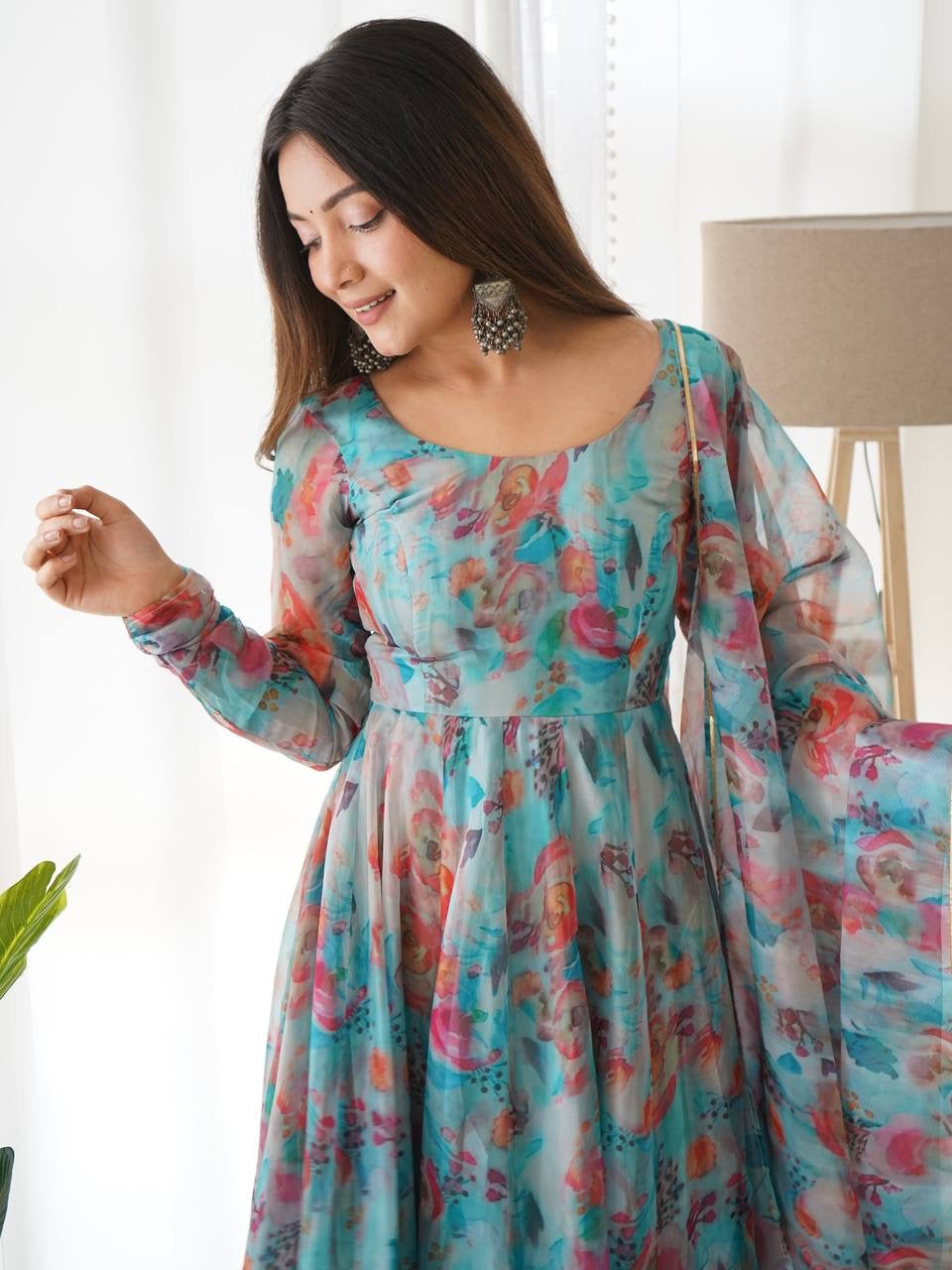 Digitally Printed Pure Soft Organza Anarkali Suit With Huge Flair Comes With Duppatta & Pant