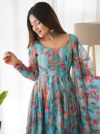 Digitally Printed Pure Soft Organza Anarkali Suit With Huge Flair Comes With Duppatta & Pant