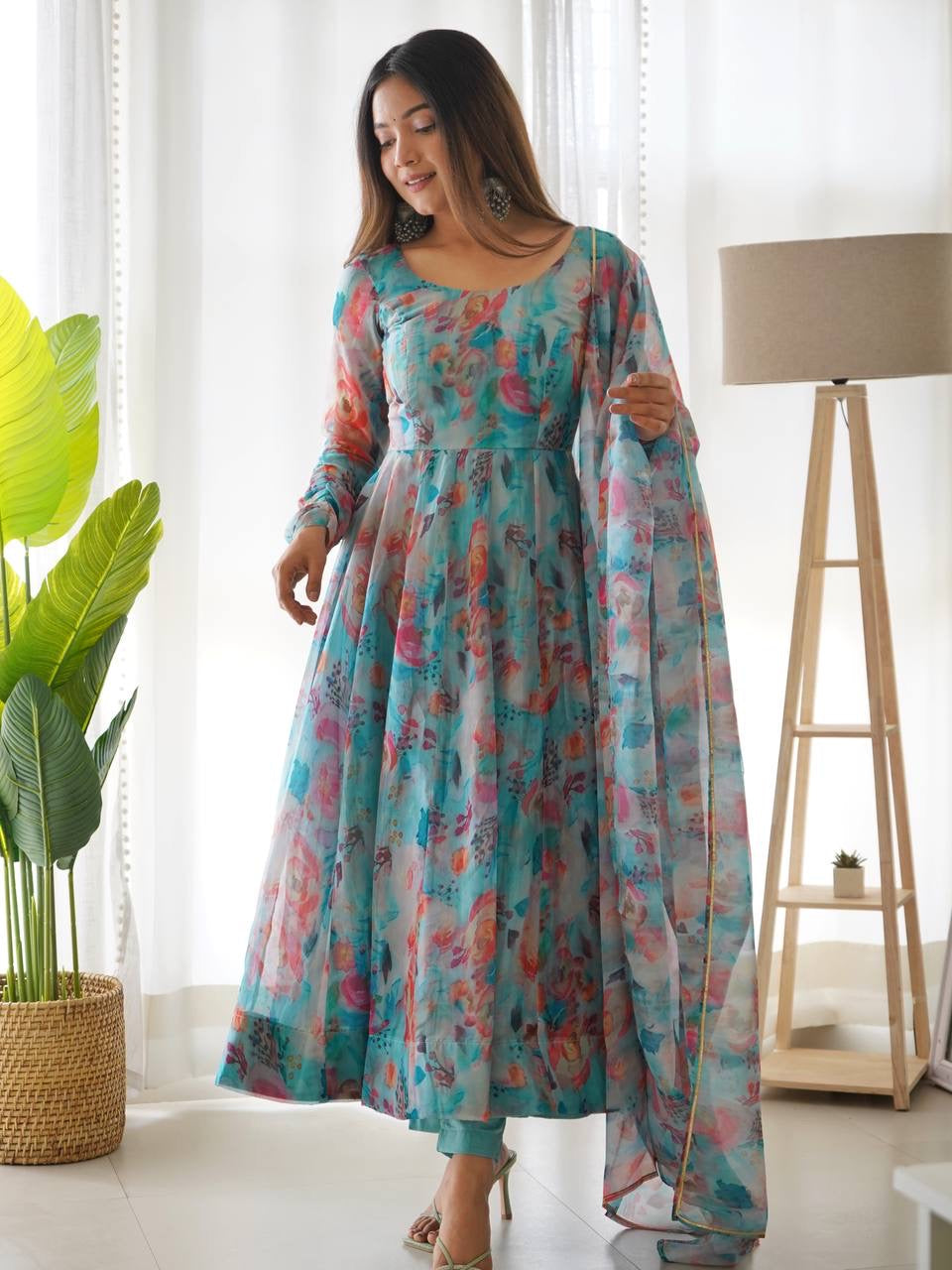 Digitally Printed Pure Soft Organza Anarkali Suit With Huge Flair Comes With Duppatta & Pant