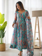 Digitally Printed Pure Soft Organza Anarkali Suit With Huge Flair Comes With Duppatta & Pant