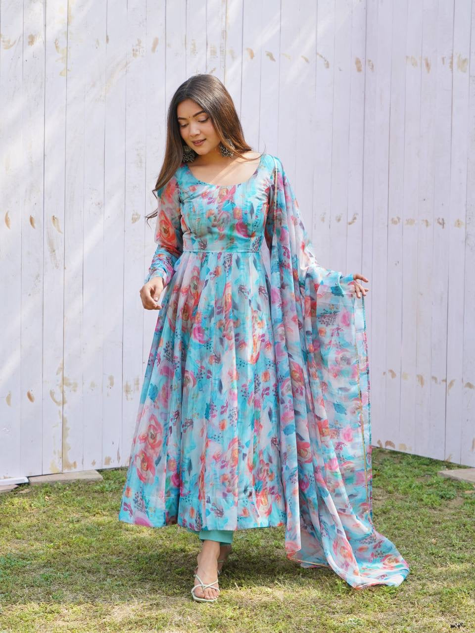 Digitally Printed Pure Soft Organza Anarkali Suit With Huge Flair Comes With Duppatta & Pant