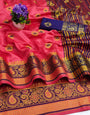 Blissful Peach Banarasi Silk Saree With Blissful Blouse Piece