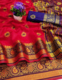 Flamboyant Red Banarasi Silk Saree With Blissful Blouse Piece