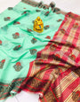 Invaluable Sea Green Linen Silk Saree With Blissful Blouse Piece