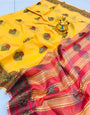 Outstanding Yellow Linen Silk Saree With Blissful Blouse Piece