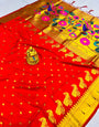 Luxuriant Red Pure Paithani Silk Saree With Jazzy Blouse Piece