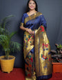 Smashing Navy Blue Paithani Silk Saree With Classy Blouse Piece