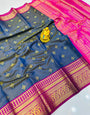 Amazing Navy Blue Kanjivaram Silk Saree With Demure Blouse Piece