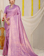 Symmetrical Lavender Kanjivaram Silk Saree With Glittering Blouse Piece