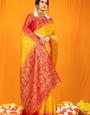 Innovative Yellow Kanjivaram Silk Saree With Moiety Blouse Piece