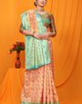 Energetic Peach Banarasi Silk Saree With Pretty Blouse Piece