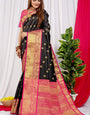 Eloquence Black Kanjivaram Silk Saree With Glittering Blouse Piece