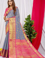 Vestigial Grey Kanjivaram Silk Saree With Glittering Blouse Piece