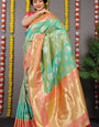 Profuse Turquoise Banarasi Silk Saree With Comely Blouse Piece