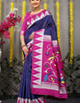 Sumptuous Navy Blue Paithani Silk Saree With Appealing Blouse Piece