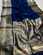 Intricate Navy Blue Soft Banarasi Silk Saree With Nemesis Blouse Piece