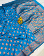 Quintessential Firozi Soft Banarasi Silk Saree With Nemesis Blouse Piece