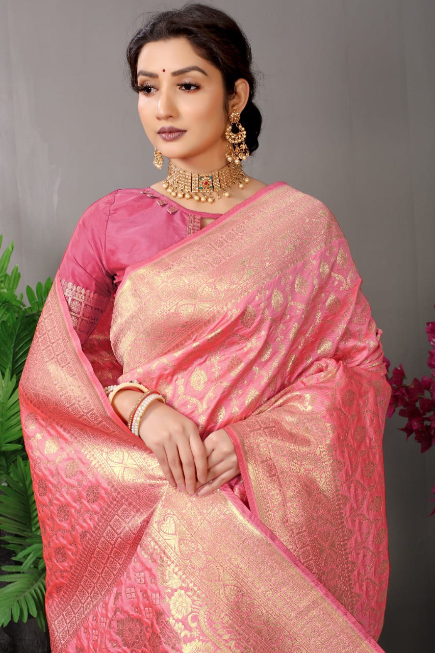 Affectionate Pink Semi Khaddi Georgette Banarasi Saree – Monamaar