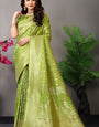 Beautiful Green Banarasi Silk Saree With Fairytale Blouse Piece