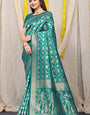 Blooming Rama Banarasi Silk Saree With Sensational Blouse Piece