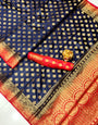 Eye-catching Navy Blue Banarasi Silk Saree With Profuse Blouse Piece