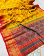 Engaging Mustard Banarasi Silk Saree With Enticing Blouse Piece