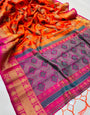 Gratifying Orange Banarasi Silk Saree With Enticing Blouse Piece