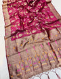 Preferable Wine Organza Silk Saree with Adorning Blouse Piece