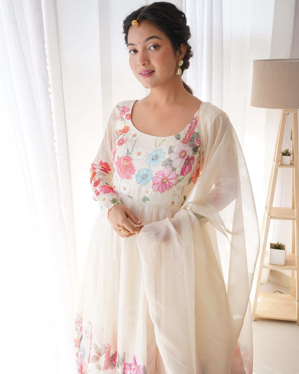 Digitally Printed & Embroidered Yoke Pure Soft Organza Anarkali Suit With Huge Flair Comes With Duppatta