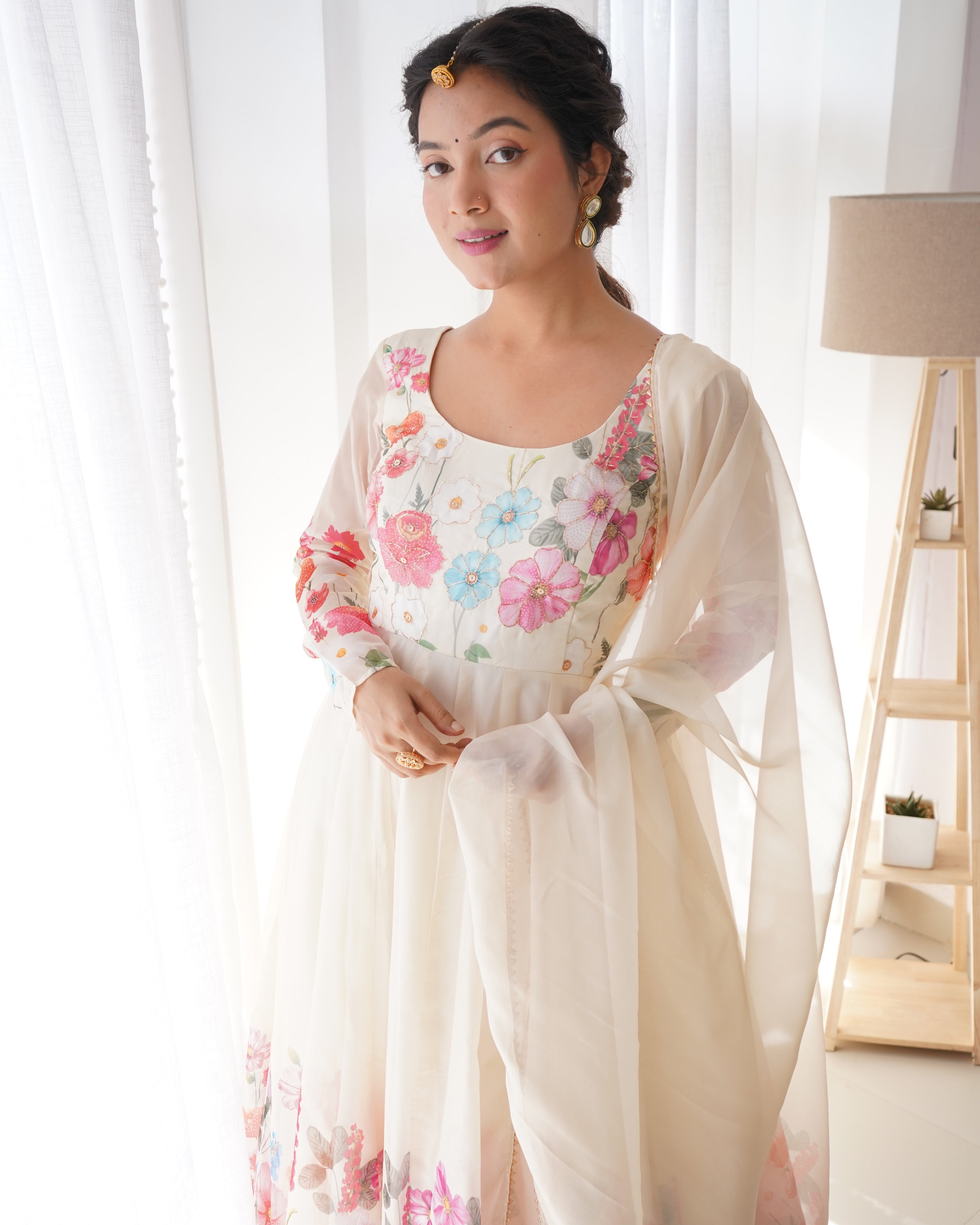 Digitally Printed & Embroidered Yoke Pure Soft Organza Anarkali Suit With Huge Flair Comes With Duppatta