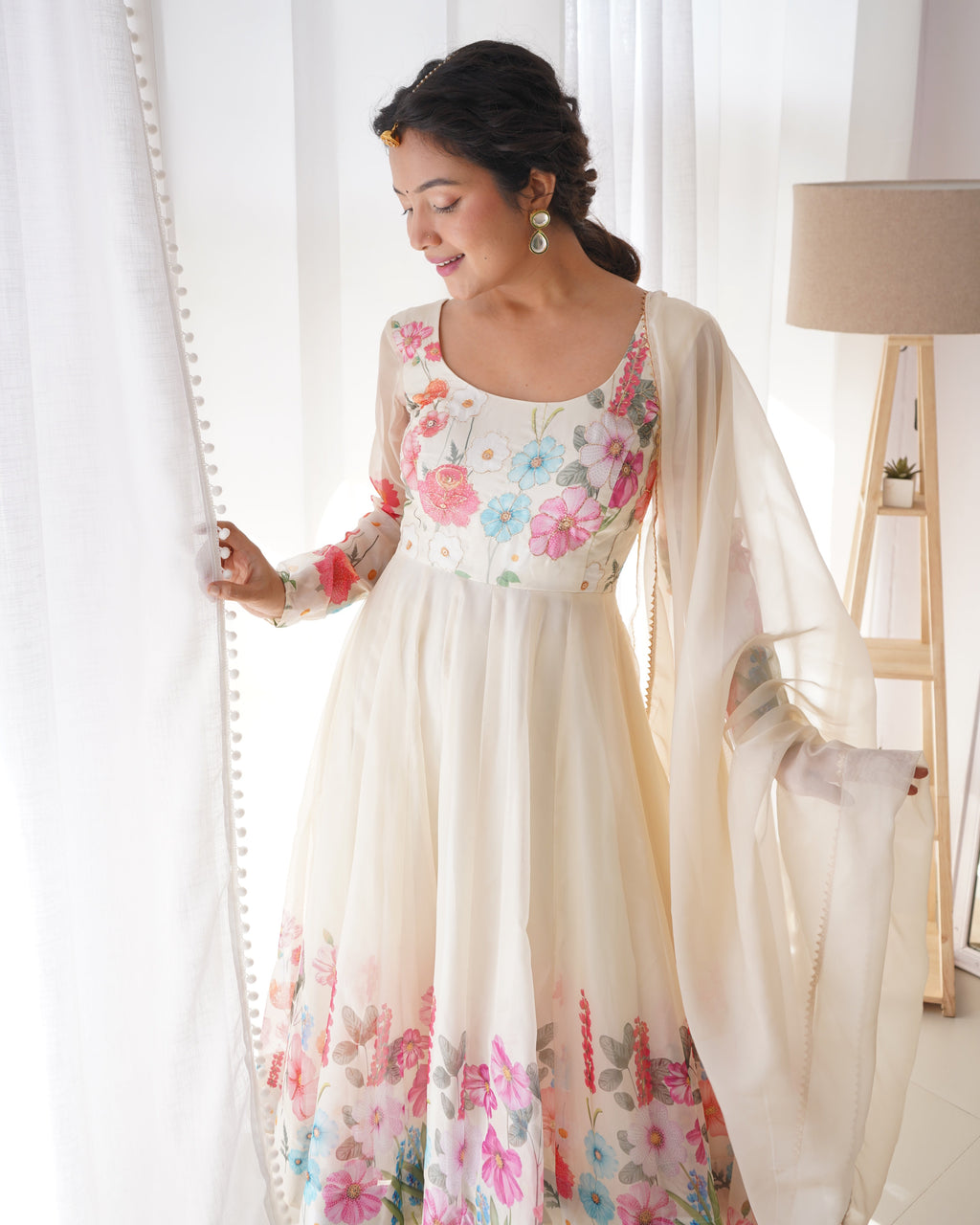 Digitally Printed & Embroidered Yoke Pure Soft Organza Anarkali Suit With Huge Flair Comes With Duppatta