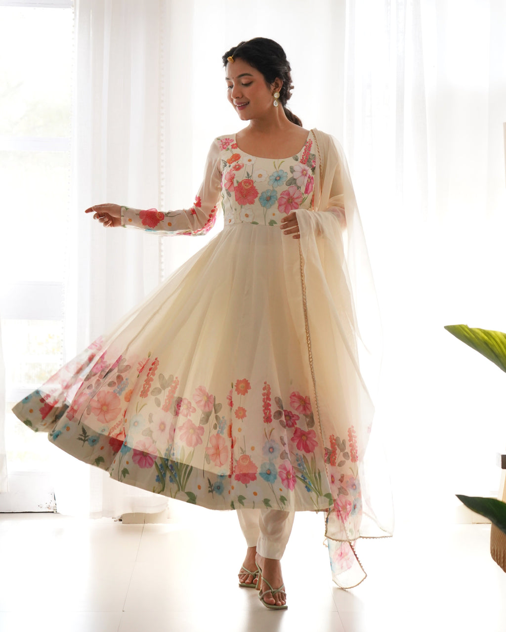 Digitally Printed & Embroidered Yoke Pure Soft Organza Anarkali Suit With Huge Flair Comes With Duppatta