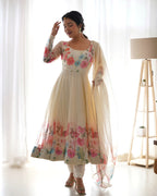 Digitally Printed & Embroidered Yoke Pure Soft Organza Anarkali Suit With Huge Flair Comes With Duppatta