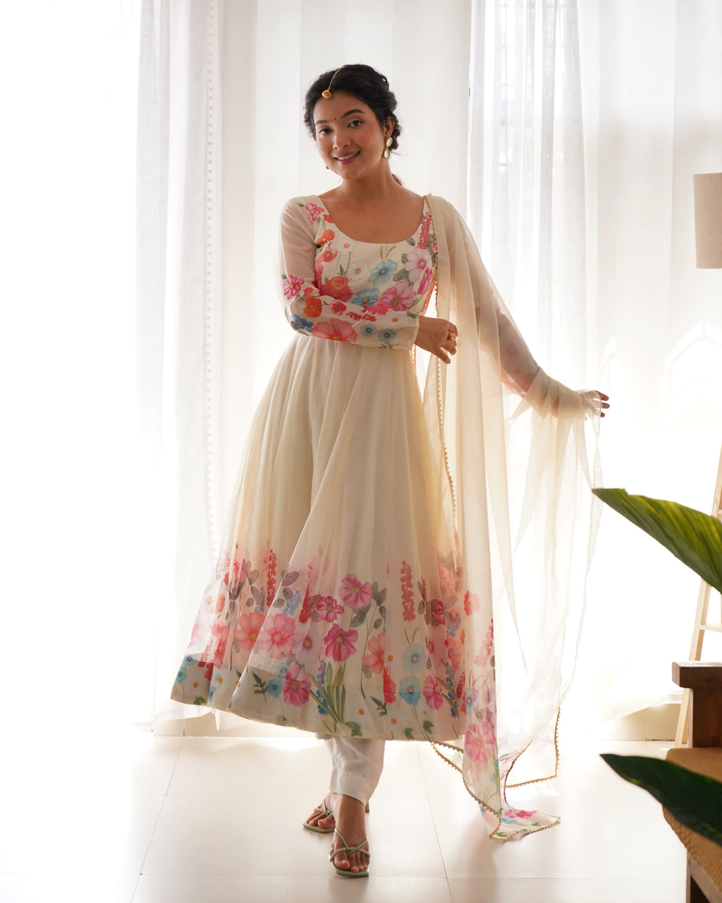 Digitally Printed & Embroidered Yoke Pure Soft Organza Anarkali Suit With Huge Flair Comes With Duppatta