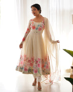 Digitally Printed & Embroidered Yoke Pure Soft Organza Anarkali Suit With Huge Flair Comes With Duppatta